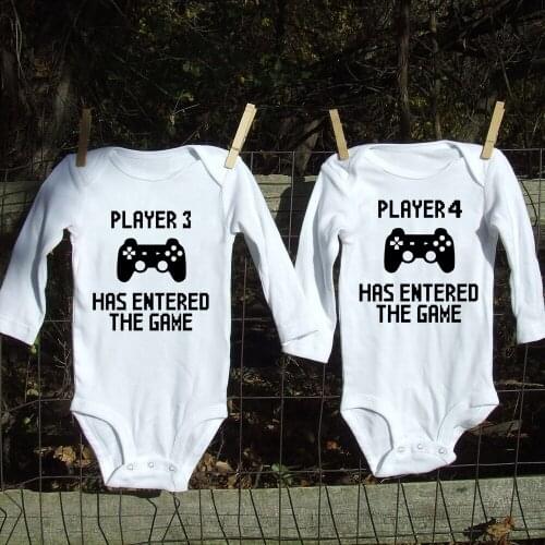 Player 3 and 4 Has Entered The Game Funny Newborn Twin Baby Romper Long Sleeved Infant Siblings Family Matching Clothes