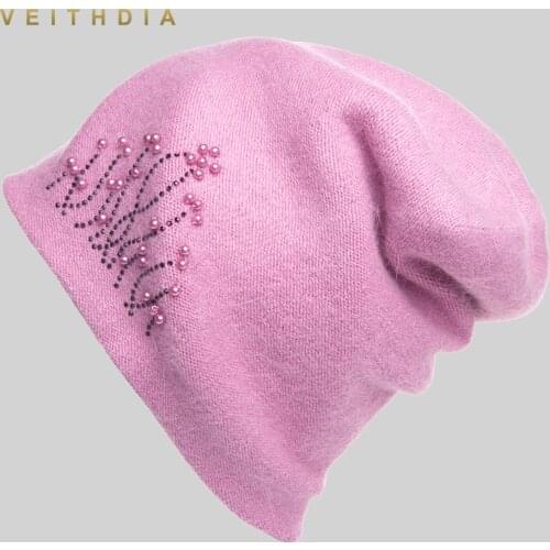 VEITHDIA Womens Hats Female Cashmere Casual Autumn Winter New Double Layer Thick 2019 Pearl Knitted Girls Skullies Beanies