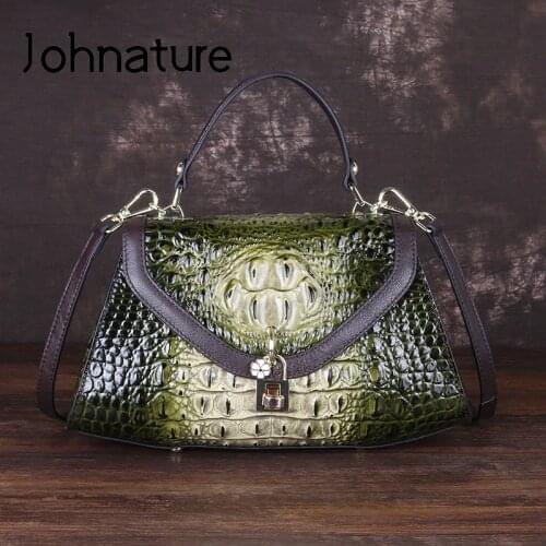 Johnature Retro Alligator Pattern Genuine Leather Women Handbags 2021 New Leisure Cowhide Large Capacity Shoulder&crossbody Bags