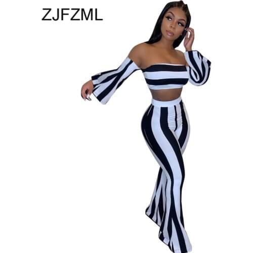 Black White Striped Sexy Two Piece Set Tracksuit Women Off Shoulder Flare Sleeve Crop Top+Bell Bottomed Pant Autumn Club Outfit