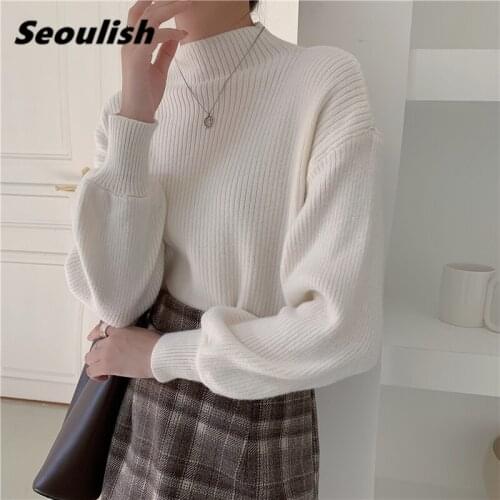 Seoulish 2021 New Autumn Winter Womens Pullovers Vintage Lantern Sleeve Casual Mock Neck Knitting Sweaters Knitwear Tops Female