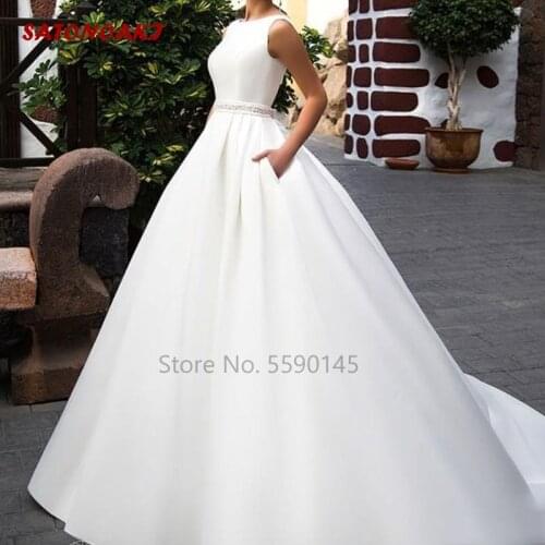 Simple Satin Wedding Dress With Pockets Bead Sash Sleeveless Lace-Up Bridal Gown Sweep Train Vestido De Novia Mariage Undefined