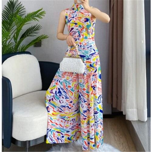 2021 summer new Miyake fold fashion comfortable printed vest + wide-leg pants suit temperament was thin two-piece in stock