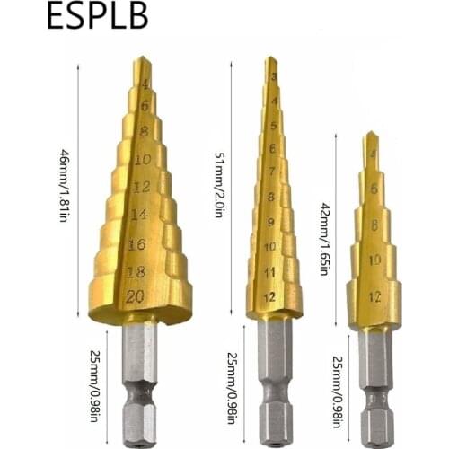 3pcs Step Drill Bits High Speed Steel Cone Titanium Coated 3-12mm/4-12mm/ 4-20mm with Hexagon Shank Multi-Functional Drill Bit