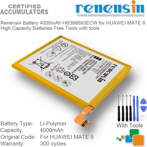 Renensin Battery 4000mAh HB396693ECW for HUAWEI MATE 8 High Capacity Batteries Free Tools with tools
