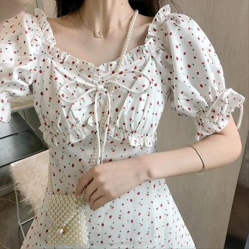 White Cottagecore Dress 2021 French Vintage Woman Dresses Summer High Waist Slim Body Clothes Floral Elastic Streetwear Women