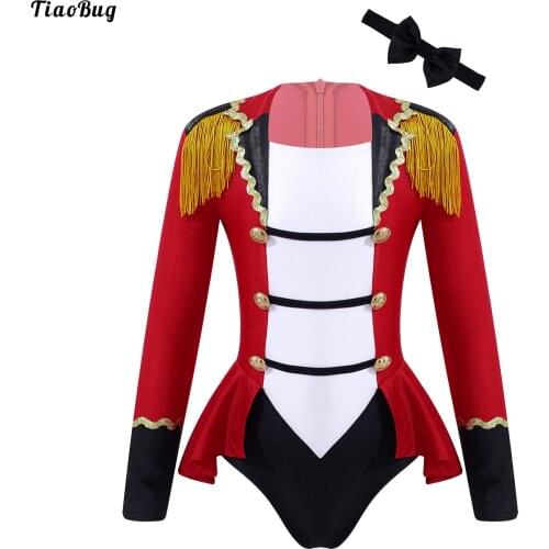 Kids Girls Circus Cosplay Halloween Costumes Long Sleeves Color Contrast Patchwork Tassel Buttons Adorned Jumpsuit With Tie