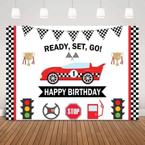 Racing Car Themed Birthday Backdrop Boy Children Happy Birthday Background Decoration Ready,Set,Go Kids Cake Table Photo Shoot