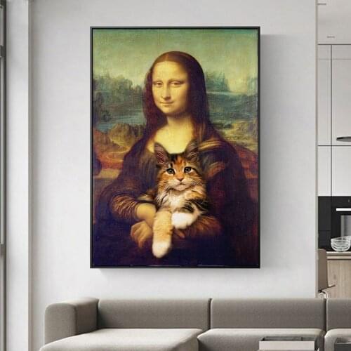 Mona Lisa Holding a Cat Funny Art Paintings on the Wall Art Posters and Prints Famous Art Classical Paintings For Living Room