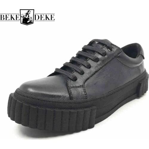 Genuine Cow Leather Casual Shoes Men Luxury Round Toe Vintage Black Hip Hop Shoes British Style Lace Up Platform Sneakers Male