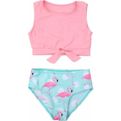 Toddler Girl Swimsuits 2T-7T Flamingo Printing Two-pieces Swim Set Baby Round Collar Sleeveless Tops + High Waist Briefs Suit