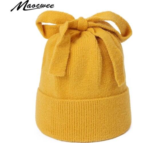 Cute Bow Bonnet Casual Knitted Female Beanies Solid Cindy Color Hedging Cap Crochet Slouch Hat Autumn Winter Warm Outdoor Hats