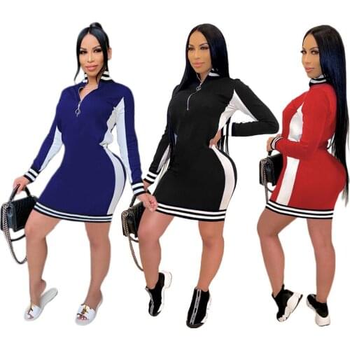 Long Sleeve Patchwork Mini Dress Women Casual Zipper Turtleneck Dresses Plus Size Sweatshirt Dress Spring Elegant Clothes S-3xl