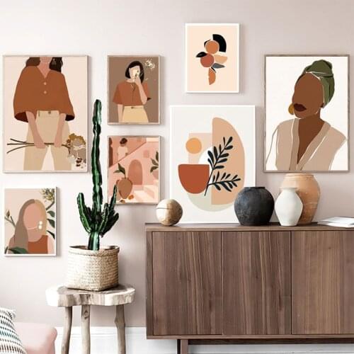 Fashionable Retro Girl Plant Canvas Painting Nordic Living Room Decoration Wall Poster Paintings for Interior Design