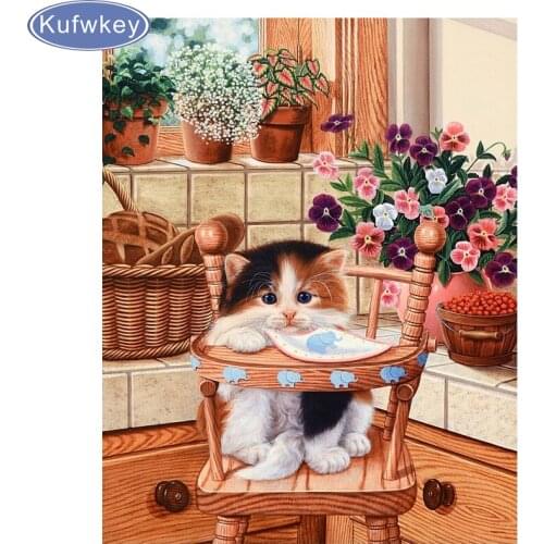 Diy Diamond painting flower and Cat on the desk Diamond Embroidery Full Set Animal Diamond Mosaic Rhinestones Pictures Hobbies