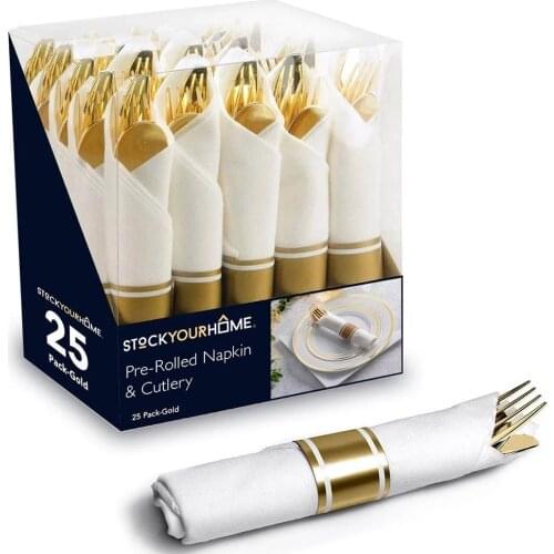 Pre-Rolled Napkin and Cutlery Set 25-Piece Disposable Silverware Suitable for Catering Events Parties and Weddings (Gold)