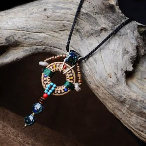 Necklace for women DIY painted ceramics ethnic style jewelry totem round pendant sweater chain necklaces accessories gift XL103