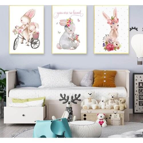Posters Cute Cartoon Animal Kids Girls Bedroom Decor Woodland Bunny Print Floral Boho Nursery Wall Art Rabbit Canvas Painting