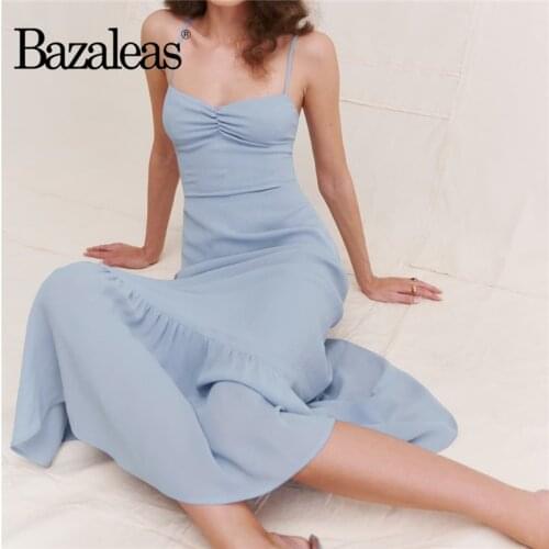 Bazaleas Vintage Center Ruched Women Summer Dresses Chic Chiffon Blue Midi Dress Retro Spaghetti Straps Vestidos