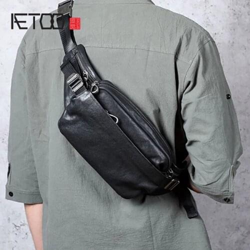 AETOO Casual leather chest bag, mens leather shoulder bag, fashionable first layer leather belt bag