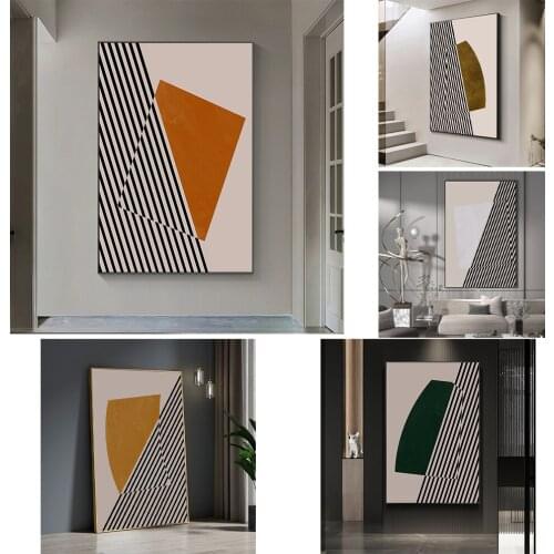 Simple modern Nordic abstract black and white line color block orange art poster porch decorative picture canvas printing
