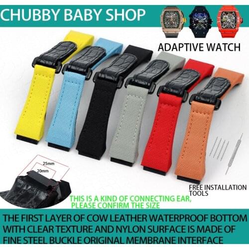 25mm men nylon fabric with leather Watchband For Richard Watch Mille Strap band Bracelet buckle for spring bar version free tool