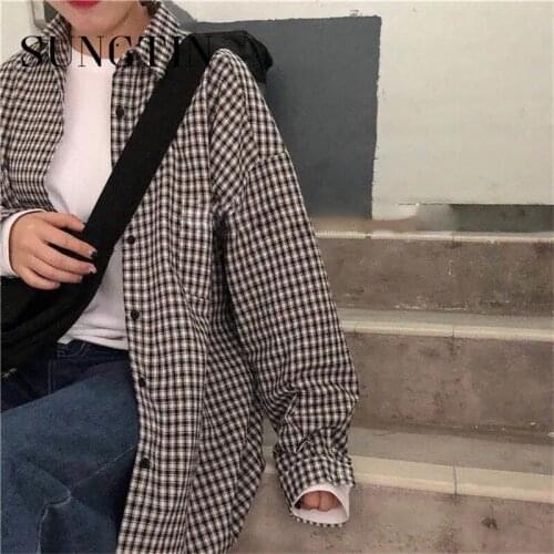 Sungtin Casual Plus Size Korean Plaid Blouse Shirt Women Spring Chic Loose Shirt Female Vintage Oversize Blouse College Style