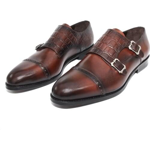 SHENBINS Handmade Double Strap Monk Shoes with Burgundy Patina and Crocodile Pattern Leather, Genuine Leather Soles, Fashion