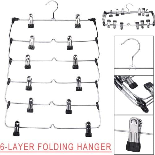 Clothes Trouser Hanger Wardrobe Organizer With 12 Clips Stainless Steel 6 Layer Space Saving Clothing Hangers