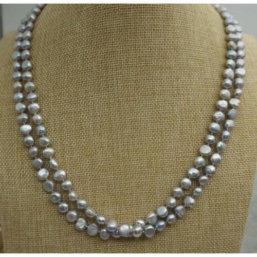 100% Real Pearl Jewelry ,AA 7-8mm,2rows Gray Color Baroque Freshwater Pearl Necklace,Women Wedding ,Love,Mothers Day Gift