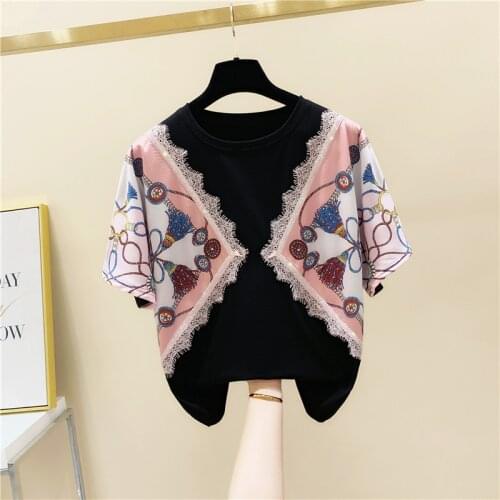 2021 Summer Women Short Sleeves O Neck Print Patchwork Lace Cotton T-Shirt Students Ladies Casual Pullover Tee Tops