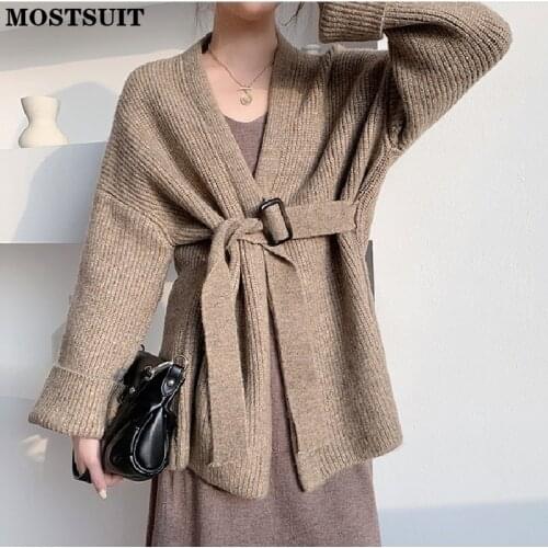 Autumn Winter V-neck Warm Loose Female Knitted Cardigans 2021 Vintage Full Sleeve Belted Women Solid Sweaters Tops
