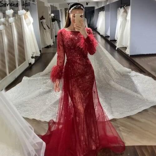 Serene Hill Luxury Red Mermaid O-Neck Evening Dress 2021 Beadings Feathers Elegant Women Formal Party Wear Gown CLA70827