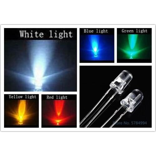 100pcs /lot Transparent Round 5mm super bright water clear Green Red white Yellow Blue Light LED bulbs emitting diode F5