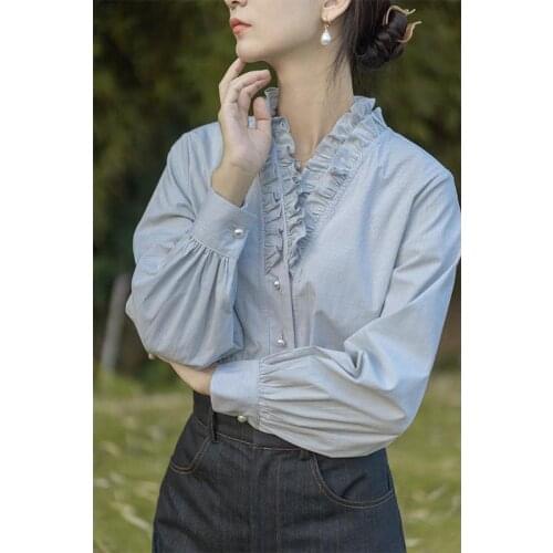 2021 spring Ruffle striped shirt womens French design sense minority small stand collar student Shirt Long Sleeve Top 0404