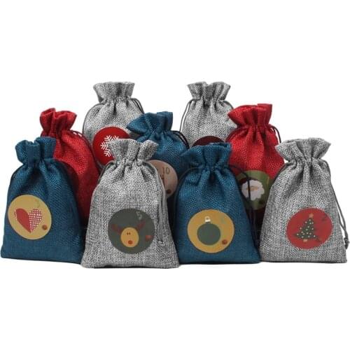 24Pcs/Set Christmas Linen Drawstring Bag Christmas Candy Bag Canvas Gift Bags New Year Xmas Nevidad 2022 Kids Gift Packing
