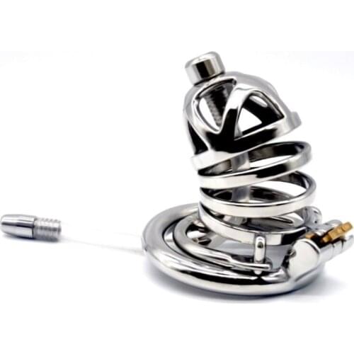 FAAK Hollow Male Chastity Cage Bondage Chastity Device Barbed Anti-off Ring Penis Cage with Soft Catheters Sex Toy for Men G254F