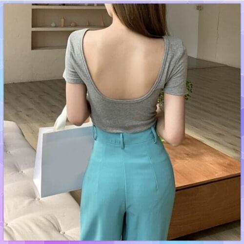 Sexy Open Back Women T-Shirt Short Sleeve Cropped Tops Womens Tee Shirt Summer Casual Solid U-Neck Shirt Female Clothing Blusas
