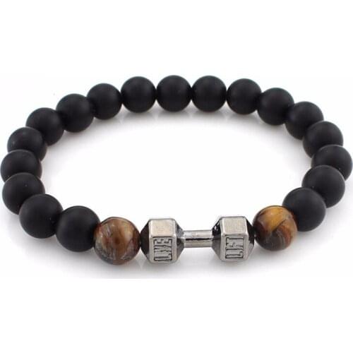 Hot sell! Metal Barbell bracelet for men 8mm Black Matte Lava Stone Beads yoga Fitness Dumbbell Bracelet Factory wholesale