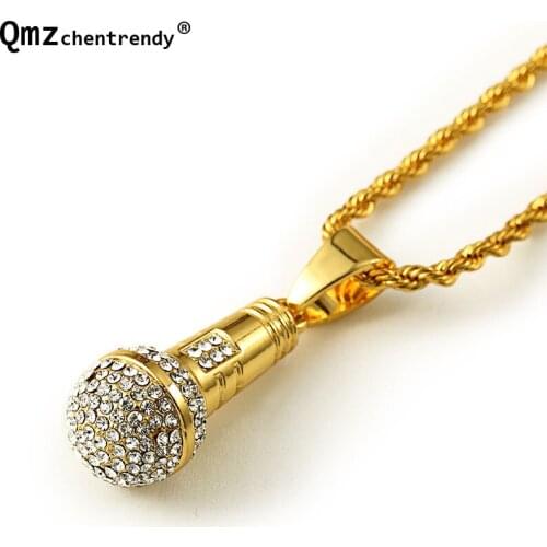 Hot Hip Hop Bling Crystal microphone DJ Pendants Necklaces Rope Chain Hiphop Rapper Jewelry Mens XMAS Gift Free Shipping