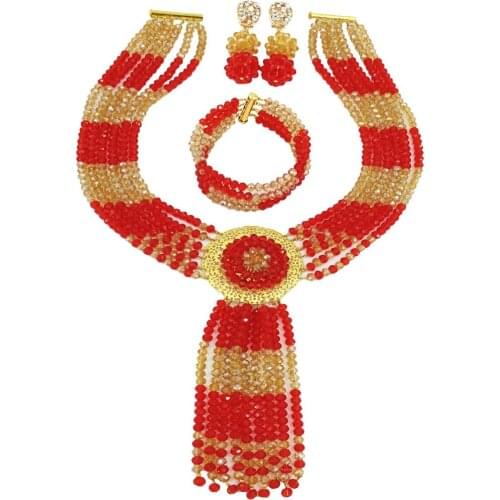Red and champagne gold ab african necklace jewelry set crystal bead nigerian wedding set 6XLS-07