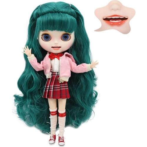 ICY DBS Blyth doll white skin Carved lips Open mouth Matte customized face joint body Green hair BL1206