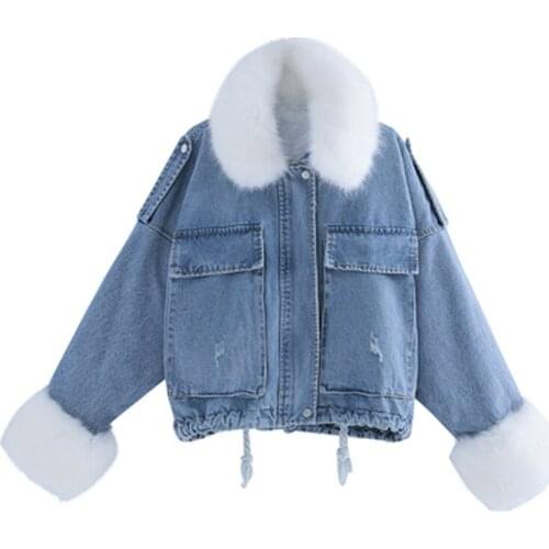 2020 Cotton Short Jacket Winter New Fashion Loose Thick Plush Lining Big Fur Collar Denim Solid Color Pie to Overcome