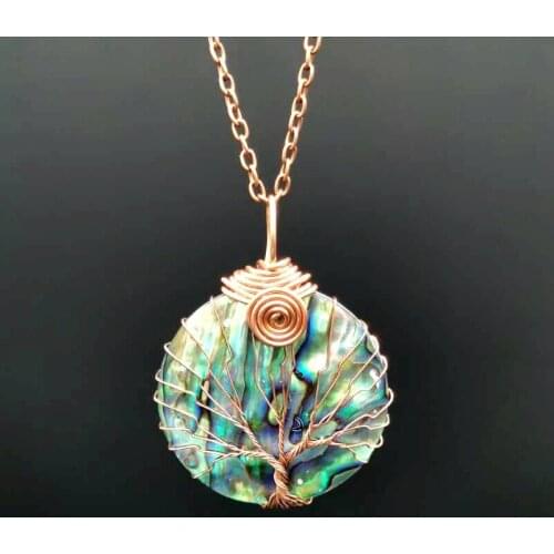 New Natural Mother of Pearl Pendant Necklace Colorful Abalone Shell Wire Winding Life Tree Round Necklaces for Women Men Jewelry