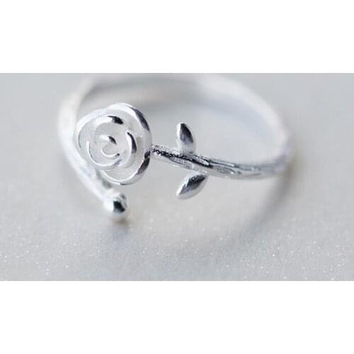 100% Authentic REAL.925 Sterling Silver Fine Jewelry Rose FLOWER Branch Leaf adjust Ring J1588