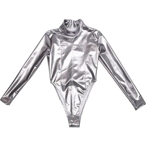 Unisex Sexy Silver Bodycon Bodysuit Zipper Patent Leather Jumpsuit Women Man Slim Long Sleeve Bodysuits Pole Dancing Costumes