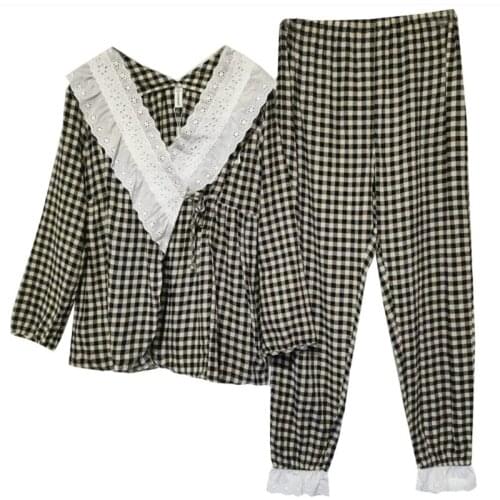 Pure cotton long-sleeved pajamas for pregnant women and summer thin black and white plaid breathable confinement clothes