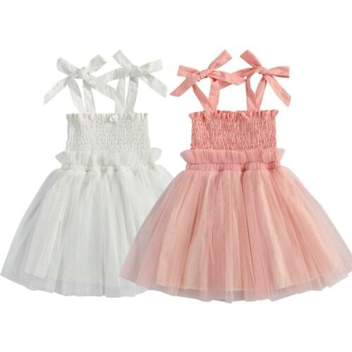 Baby Girls Sling Dress Mesh Lace Cute Lace-up Sweet Princess Dresses Summer Children Clothing Fashion Pleated Dress For Girls