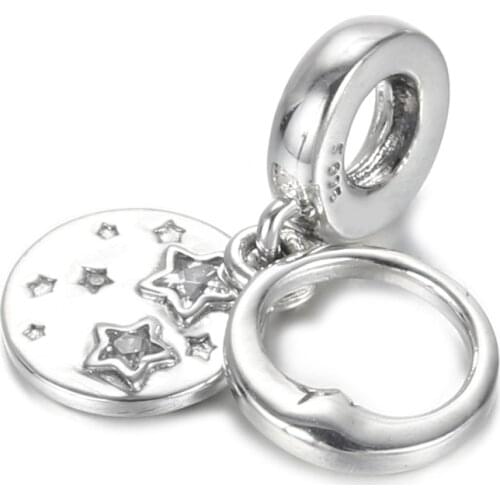 Authentic S925 Silver Pendant Bead Sleeping Moon & Stars Dangle Charm fit Lady Bracelet Bangle DIY Jewelry