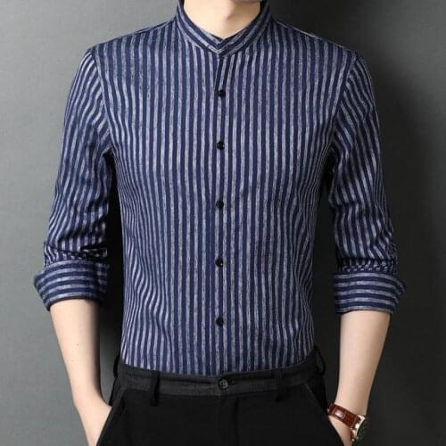 Big Size Fashion Husband Button Up Chinese Collar Shirts For Mens Striped Shirts Blue Social Korean Style Regular Fit Clothing